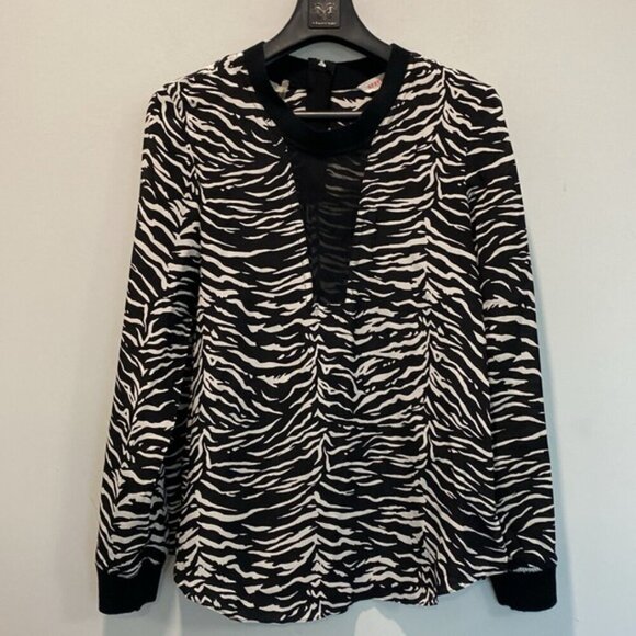 Rebecca Taylor Blouse Black White Silk Zebra Print Long Sleeve Crewneck - Picture 6 of 16